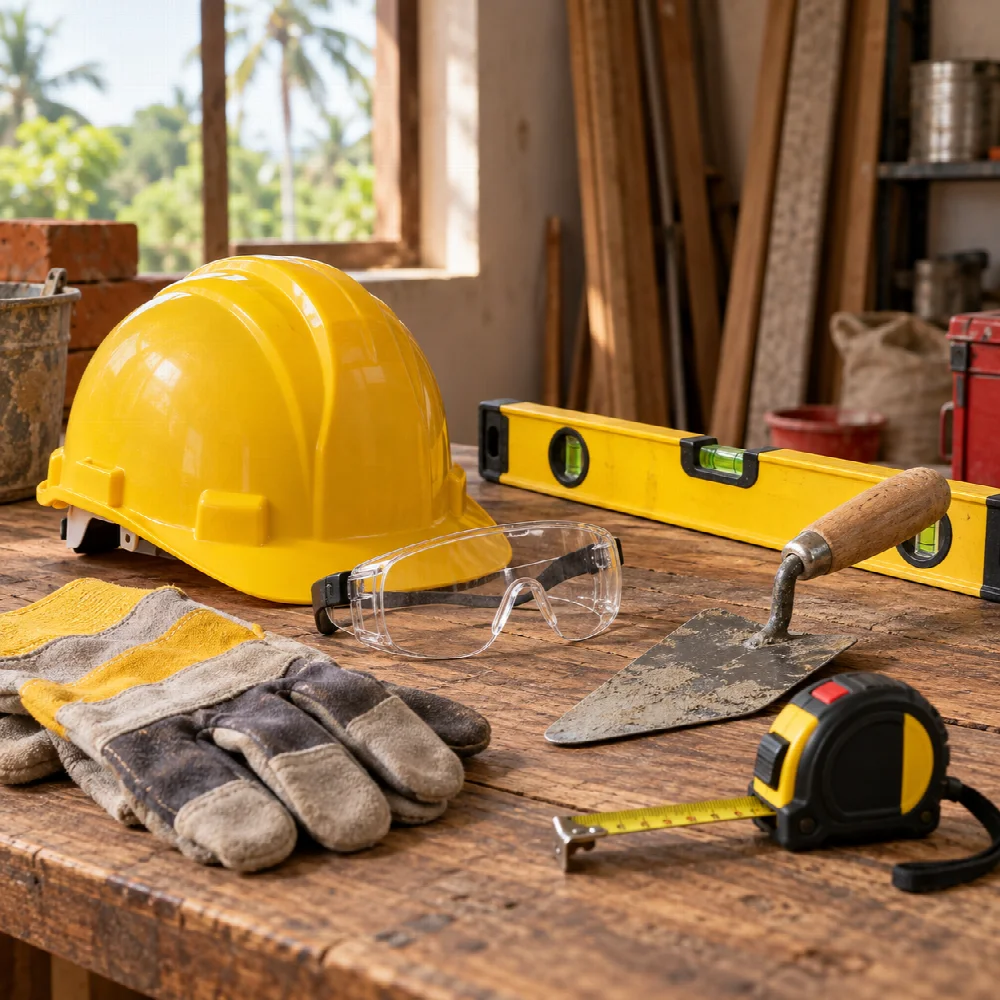 Safety helmet, goggles, gloves and construction tools