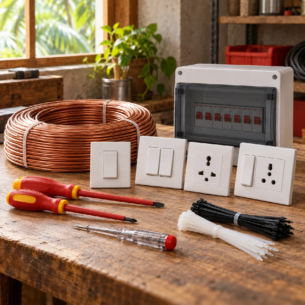 Electrical cable, switches, sockets and distribution equipment