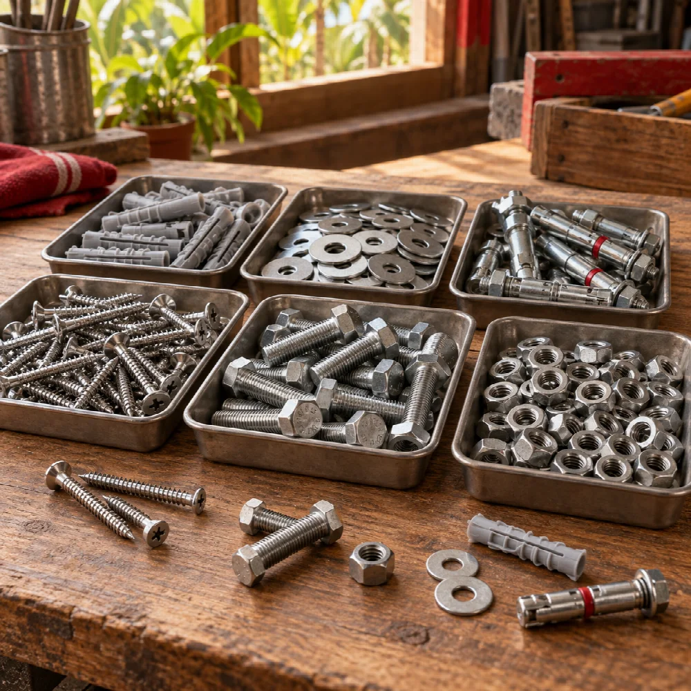 Organized screws, bolts, nuts, washers and wall anchors