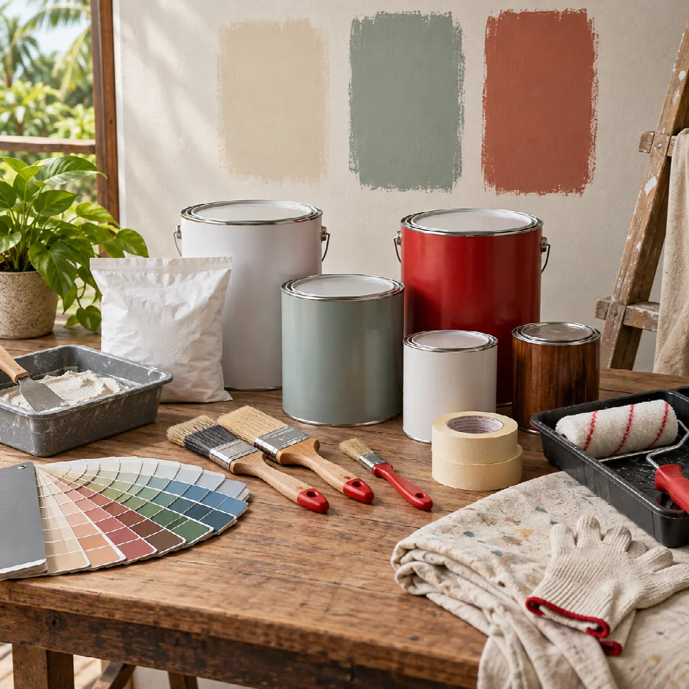 Paint tins, primer, putty, colour samples and application tools on a workbench