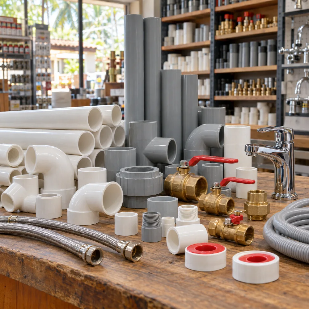 PVC and CPVC pipes, fittings, brass valves, flexible hoses and taps arranged at a plumbing counter