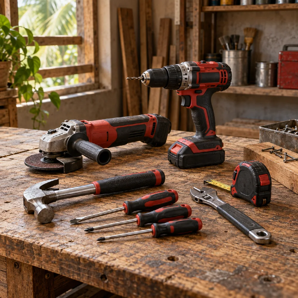 Professional power tools and hand tools on a workshop bench