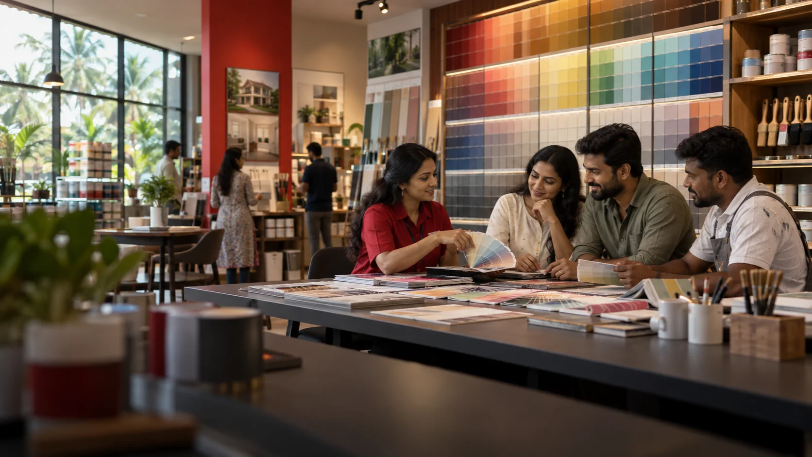Paint consultant helping homeowners and a painter compare colour samples