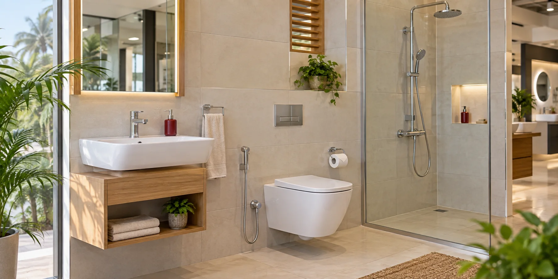 Bathroom showroom with wash basin, toilet, shower and chrome fittings